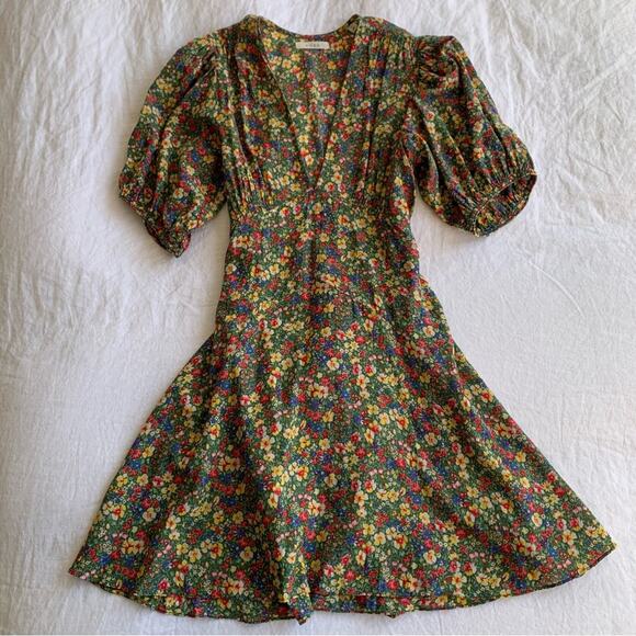 Doen Emilia Cotton V Neck Tie Short Puff Sleeve Mini Dress Green Valley Floral - Picture 9 of 16